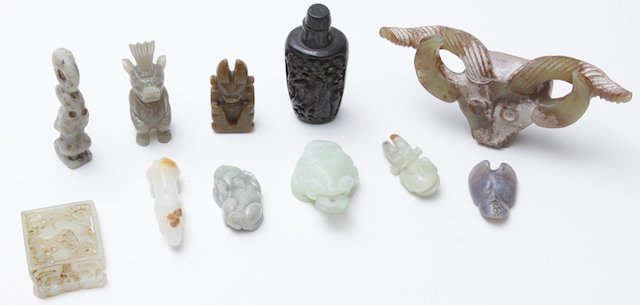 Group lot of 11 Asian items: Jade figural pendant, "Frog" pendant, stone pendants & snuff bottle.