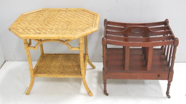 Mahogany magazine stand & rattan table: (3357)