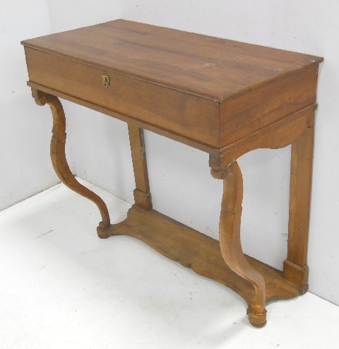 19th c. Biedermeier fruitwood console: From the Estate of Chris Peckham. Approx. 35.75" H x 36.25" W x 17.75" D. Supports loose and repaired. 1 foot broken. Worming to top & stretcher missing.