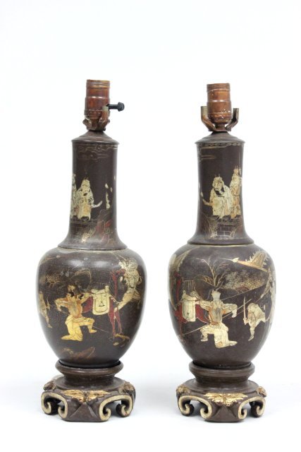 Pair of oriental papier mache lamps: From the estate of Chris Peckham, a pair of oriental gilt decorated papier mache lamps 15"H Losses to finish throughout