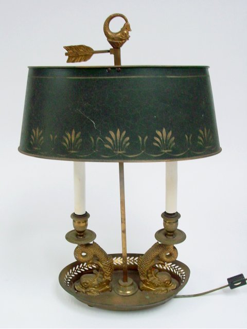 French bronze bouillotte lamp: From the estate of Chris Peckham, a French bronze bouillotte lamp, bronze 2 light lamp, tole shade, 20"H