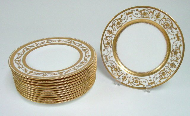11 Minton gold & white plates: From the estate of Chris Peckham, 11 Minton gold & white plates sold at Tiffany & Co. New York #1544 9 1/4" diam.