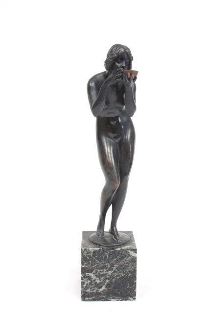V. Seifert, Art Deco Bronze Figure: From the estate of Chris Peckham, a German art deco bronze figure of a scantily clad maiden by V. Seifert Akt. Ges. Gladenback foundry 14 3/4"H including plinth patina slightly worn on legs