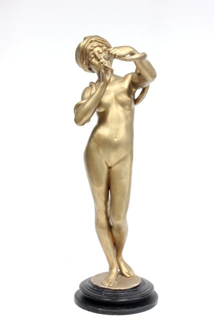 19th c. Goldscheider nude "Snake Charmer": Original gold patina, terracotta, missing flute, small chips along bottom edge of base, signed Friedrick Goldscheider Wein with some numbers. Approx. 32" H.