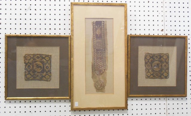 3- 5th c. Coptic & Egyptian tapestry fragments: Framed, 2 approx. 5.25" square, 1 approx. 14.25" x 3.25".