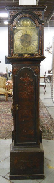 Chinoiserie cased Grandfather clock: "Movco Dun Moneo", "Robert Smith Fecit", 2 weights & pendulum, some losses to case. Approx. 83.5" H x 19" W.