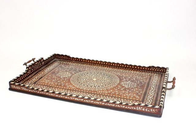 Rosewood & bone inlaid Middle Eastern tray: Minor loss. Approx. 30" x 18".