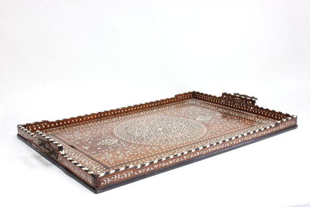Rosewood & bone inlaid Middle Eastern tray: Minor loss. Approx. 30" x18".