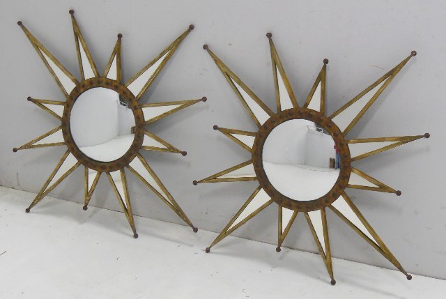 Pair polychromed metal starburst convex mirrors: From the Estate of Chris Peckham. Continental Neo-Classical style. Some minor scratches.