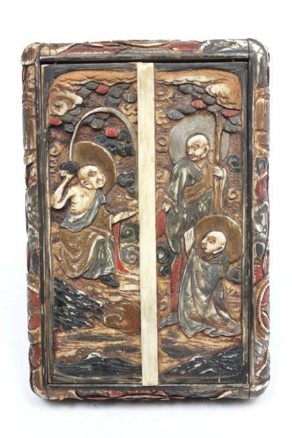 Japanese polychromed carved shrine: From the estate of Chris Peckham, a Japanese polychromed carved shrine depicting various deities 3 3/4" H. Wear to polychrome.