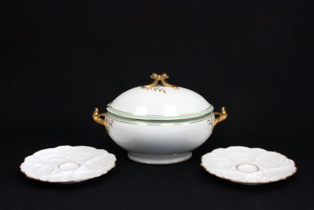 Group lot of porcelain items: From the Estate of Chris Peckham. Including 1 - pair of French porcelain oyster plates, approx. 9" H. And 1 - Bernardaud tureen, approx. 9" H x 12" W.