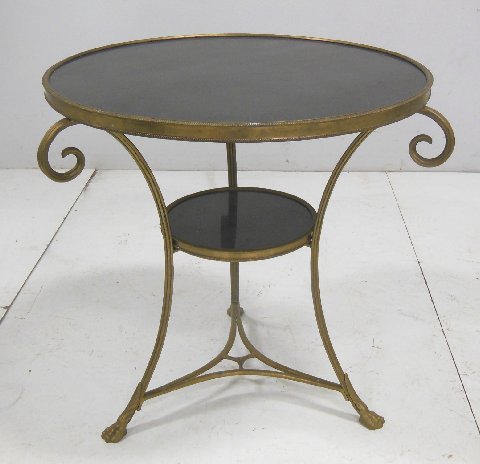 Louis XVI style gilt metal & marble gueridon: From the estate of Chris Peckham. Approx. 28.5" H x 28" diam. Missing stretcher finial.
