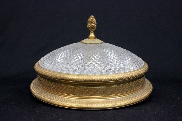Neoclassic style brass glass ceiling fixture: From the Estate of Chris Peckham. Flush Mount. Approx. 10" W x 7.5" H.