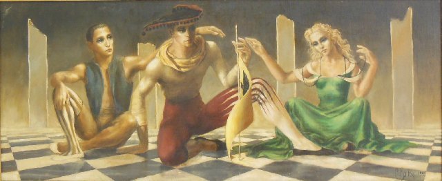 C. Bailey Surrealist framed oil on canvas: From the Estate of Chris Peckham. Depicting " 3 Figures". Signed and dated lower right, C. Bailey, 1952. Image, approx. 11" x 26", framed approx. 15" x 30", damages to frame.