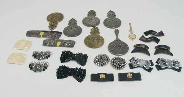 Assorted miniature hand-held mirrors & shoe clips: From the estate of Anita Stern, owner of This-N-That antiques store, NYC. Approx. 15 pieces.