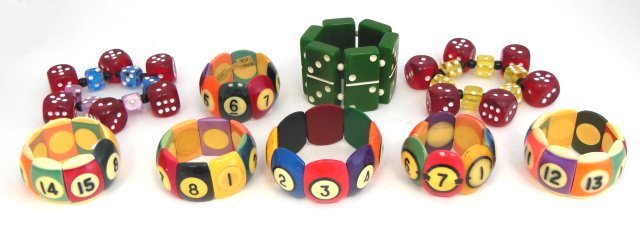 9 Bakelite & lucite game bracelets: From the estate of Anita Stern, owner of This-N-That antiques store, NYC.