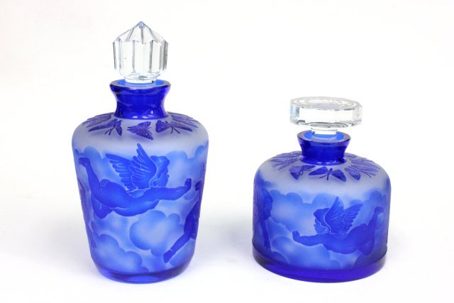 2 Hand made Ingrid crystal perfume bottles: Tallest approx. 6" H. From the estate of Anita Stern, owner of This-N-That antiques store, NYC.