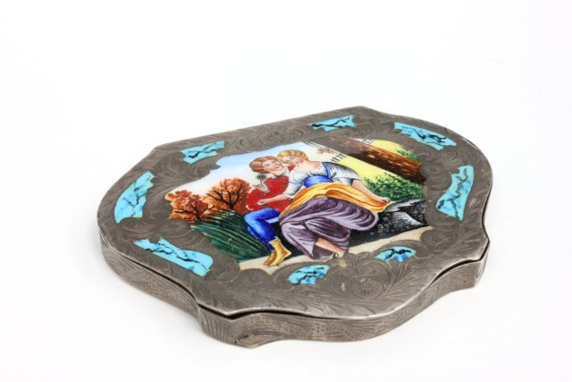 Silver & enameled compact: Approx. 4" x 3". From the Estate of Anita Stern