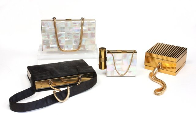 4 various Art Deco compact/make up cases: Including 2 with Mother of pearl tops; 1 in original leather case. From the Estate of Anita Stern