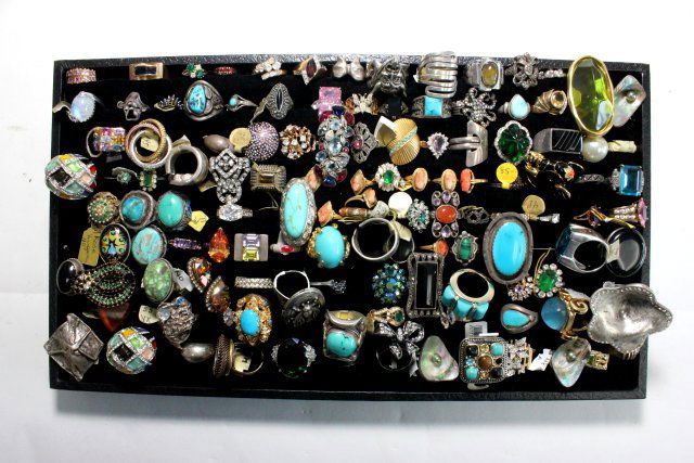 Sterling silver & semi-precious stone rings: Including several design costume rings. Mostly Sterling silver. Approx. 120 rings. From the estate of Anita Stern, owner of This-N-That antiques store, NYC.