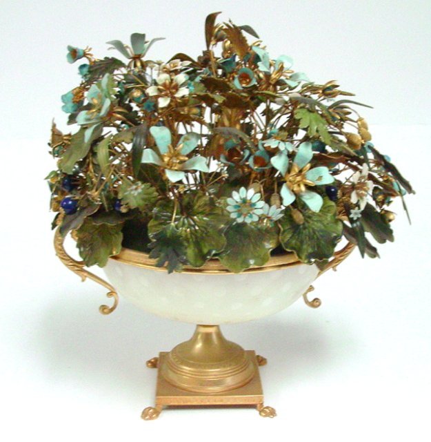 Jane Hutcheson Style Enamel Flower Arrangement: Crack on bottom. Approx. 10 1/2" high.