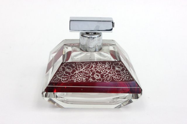 Art Deco red & clear perfume bottle: Approx. 4" H. From the estate of Anita Stern, owner of This-N-That antiques store, NYC.