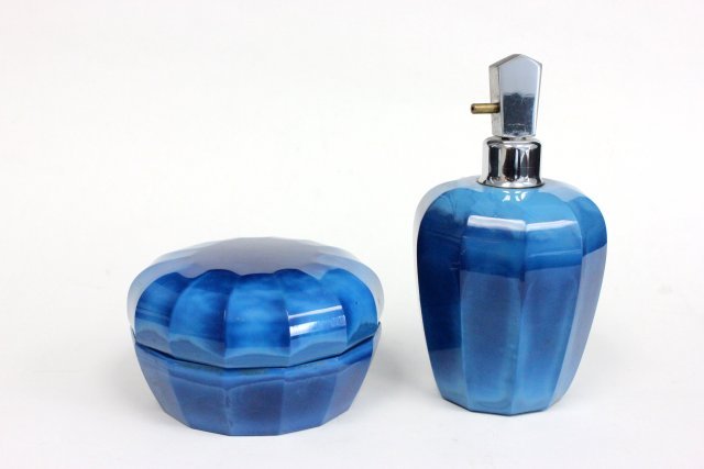 Blue Ingrid perfume bottle & Covered Jar ca.1930's: Approx. 5.5" H. From the estate of Anita Stern, owner of This-N-That antiques store, NYC.