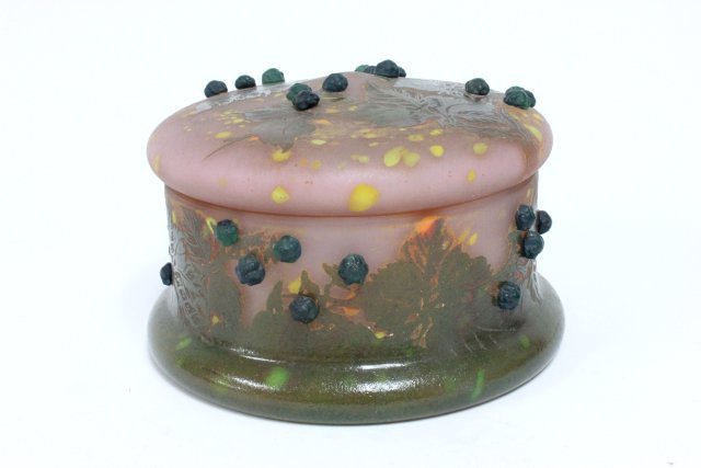 Reproduction Daum Nancy covered dresser box: Mullberry. Approx. 4" H x 7" Diam. From the Estate of Anita Stern