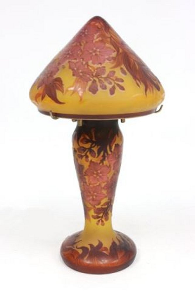 Cameo glass table lamp: "Floral" design, signed "Galle" "Early Reproduction". Approx. 15" H. From the Estate of Anita Stern