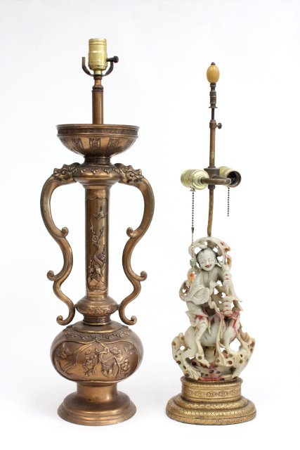 2 Chinese lamps: 1- With brass "Dragon" handle, "Bird". 1- Soapstone figure riding a "Foo Dog".
