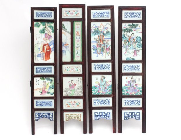 Lot of 4 early Chinese porcelain screen panels: Each signed. From private collection in Paramus, NJ. Approx. 31.5" x 7". Two panels cracked.