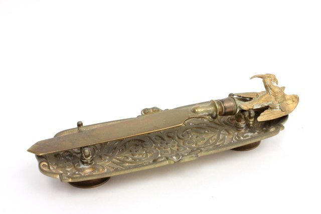 Lot of 2 desk accessories: Bronze pen tray along with "Eagle" handled letter opener.