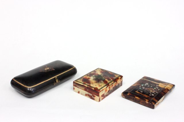 3 19thc. cases: 1 with card case with mother of pearl inlay (some inlay missing), cigar case with rose gold foil inlay & small rectangular case with metal "Urn & Flower" design on cover. From the estate of Chris Peck