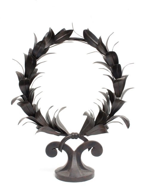Tole wreath on iron base: Approx. 27"H x 21" W. From the Estate of Chris Peckham.