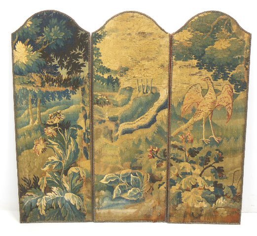 3 section needlepoint screen: Continental European, Approx. 20"W each panel x 57 1/2"H. Some losses. From the Estate of Chris Peckham.