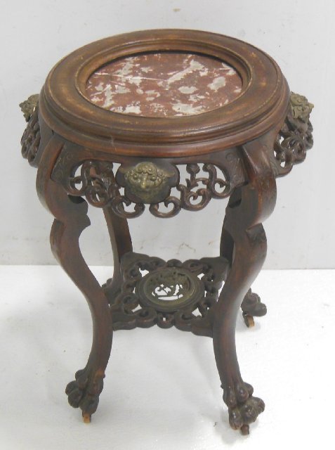 French bronze mounted beechwood pedestal: Japanese taste, marble inset 26"H x 14 1/2"diam, loose frame and scratches. Possibly by Viardot. From the estate of Chris Peckham
