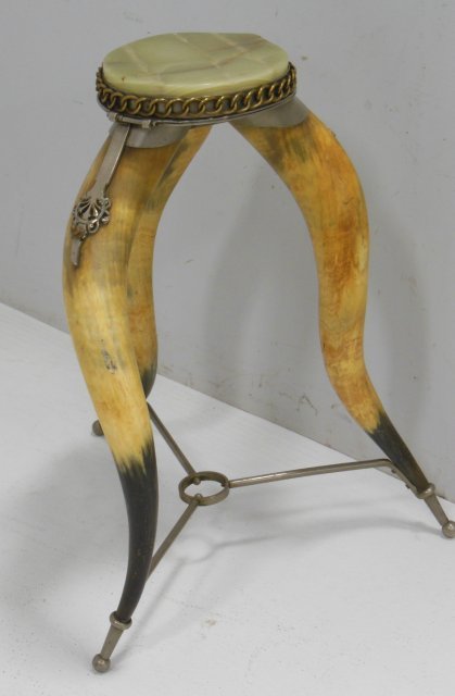 Horn stool: Approx. 29"H x 16"W, top is 9" x 10". Bronze mounted with silvered mounted marble top