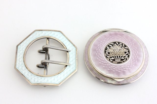 2 silver & French enamel items: 1- Belt buckle. 1- Ladies compact, small loss to enamel. From the Estate of Chris Peckham.