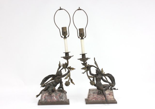 Pair Louis XV style figural candlestick fixtures: Bronze & marble candlesticks. Approx. 24.5" H. Condition: Gilding worn and stained. From the Chris Peckham Estate.