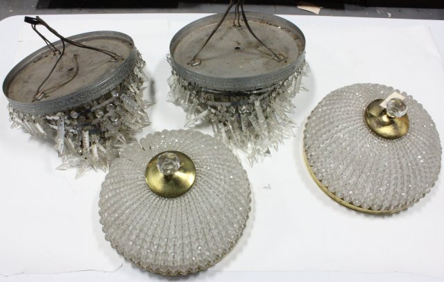 Group lot of brass ceiling fixtures: Pair brass & faceted glass ceiling fixtures, approx. 12" Diam. Pair white brass ceiling fixtures. Missing lusters. From the estate of Chris Peckham..