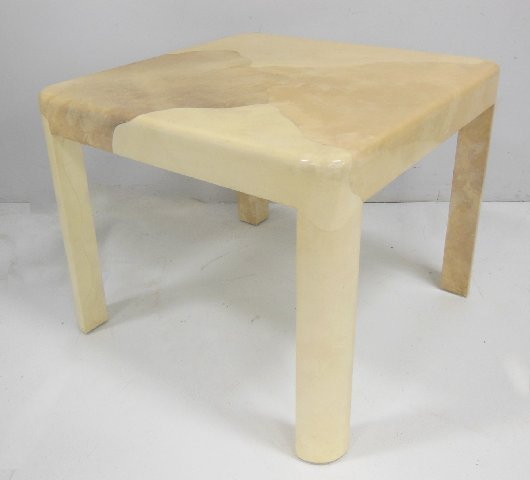 Karl Springer tricolor goatskin center table: Approx. 29.25" H x 36" W x 36" D.