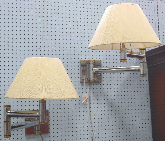 Pair of Karl Springer brass & chrome wall lights: Approx. 8" H x 24" extended.
