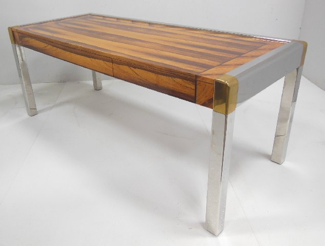 Karl Springer custom faded rosewood desk: "Karl side desk" Faded rosewood chrome & brass desk. Approx. 29.25" H x 72" W x 30" deep.