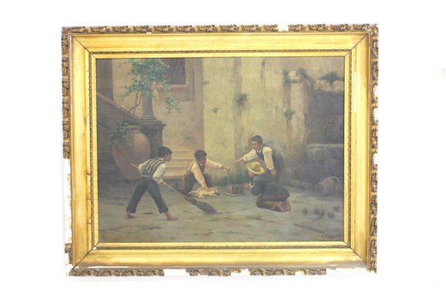 Oil painting signed Gaetano Capone: On canvas, "The Courtyard", Gaetano Capone Italy 1845-1920, damages to frame. Image approx. 24" x 32", 32" x 40" with frame.