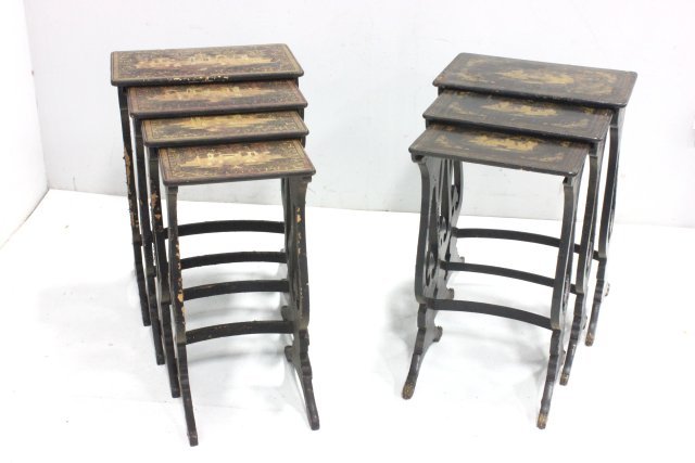 2 Chinese export gilt decorated lacquer tables: Nest of black tables. Largest approx. 27.5" H x 19.5" W x 12" deep. One with 3 tables, one with 4 tables. Condition: loose frames. Chips and cracks throughout both. From the estate of Chris Peckham.