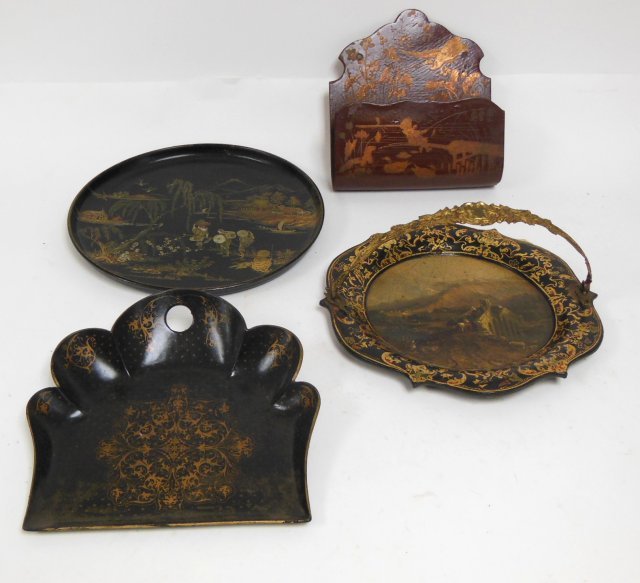 19th c. Victorian polychromed gilt objects: Papier mache objects including 2 trays, dust pan, & wall pocket trays. The largest approx. 12" diam. Condition: Wear to finish throughout. From the Chris Peckham Estate.