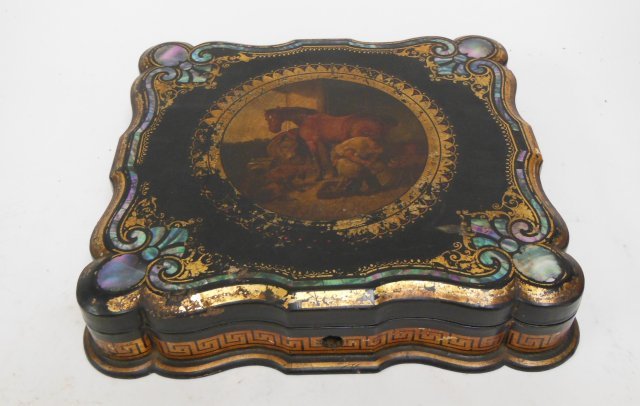 19th c. Victorian M.O.P inlaid papier mache box: Polychromed gilt decorated. Approx. 12.5" W. Condition: Wear to finish, missing estutcheon craqueleur. From the Chris Peckham Estate.