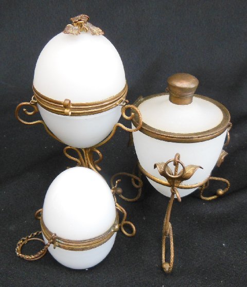 3 French brass mounted opaline glass containers: Including 2 perfumes and a box. The largest approx. 6.75" H. Condition: Good. Gilding worn. From the Chris Peckham Estate.