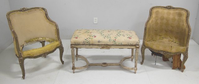 Louis XVI style white banquette & 2 bergere: White. Condition: Paint chipping & upholdstery distressed. From the estate of Chris Peckham.