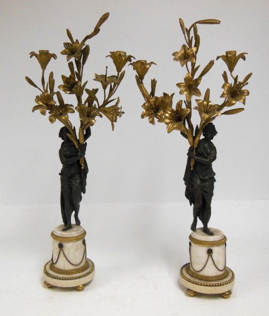 Late 18th c. pair Louis XVI figural candelabra: Ormolu & patinated bronze. Approx. 30" H. Gilding worn. 2 pins missing. Some pitting and oxidation. From the estate of Chris Peckham.